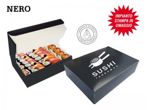SCATOLE PER CIBO DA ASPORTO PERSONALIZZATE NERE per sushi, pasticceria, panetteria, pizzeria, paninoteca, bar, bistro, ristorante, macelleria